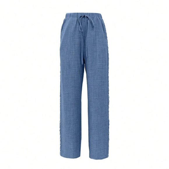 Blue Casual Women's Imitation Denim Linen Blend Side Lace Insert Long Pants - Picture 3 of 4